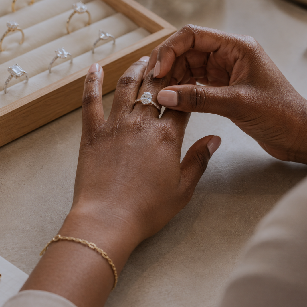 CelinieJourney moissanite jewelry styles shown up close during a showroom appointment