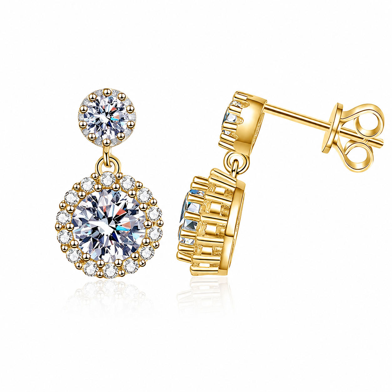 Round Halo Moissanite Drop Earrings with CZ in Yellow Gold-Plated S925 on clean white background showing round halo drop earrings with a smaller top stone accent