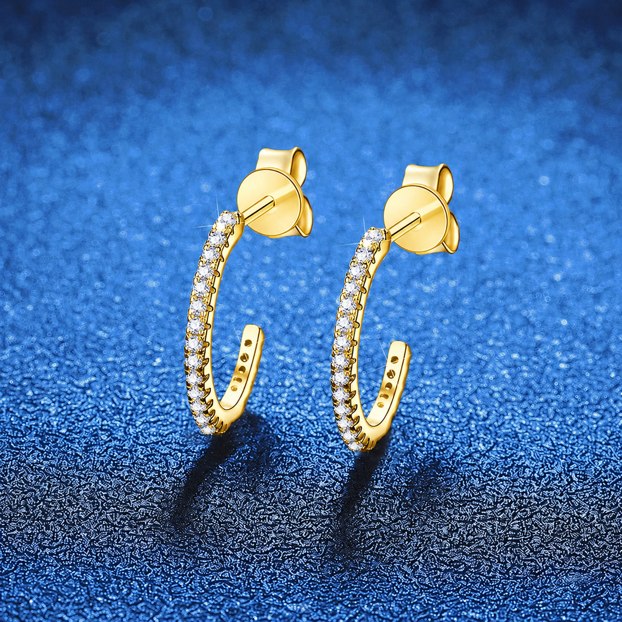 Pave Moissanite Hoop Earrings in yellow Gold-Plated S925 Sterling Silver blue scene product view