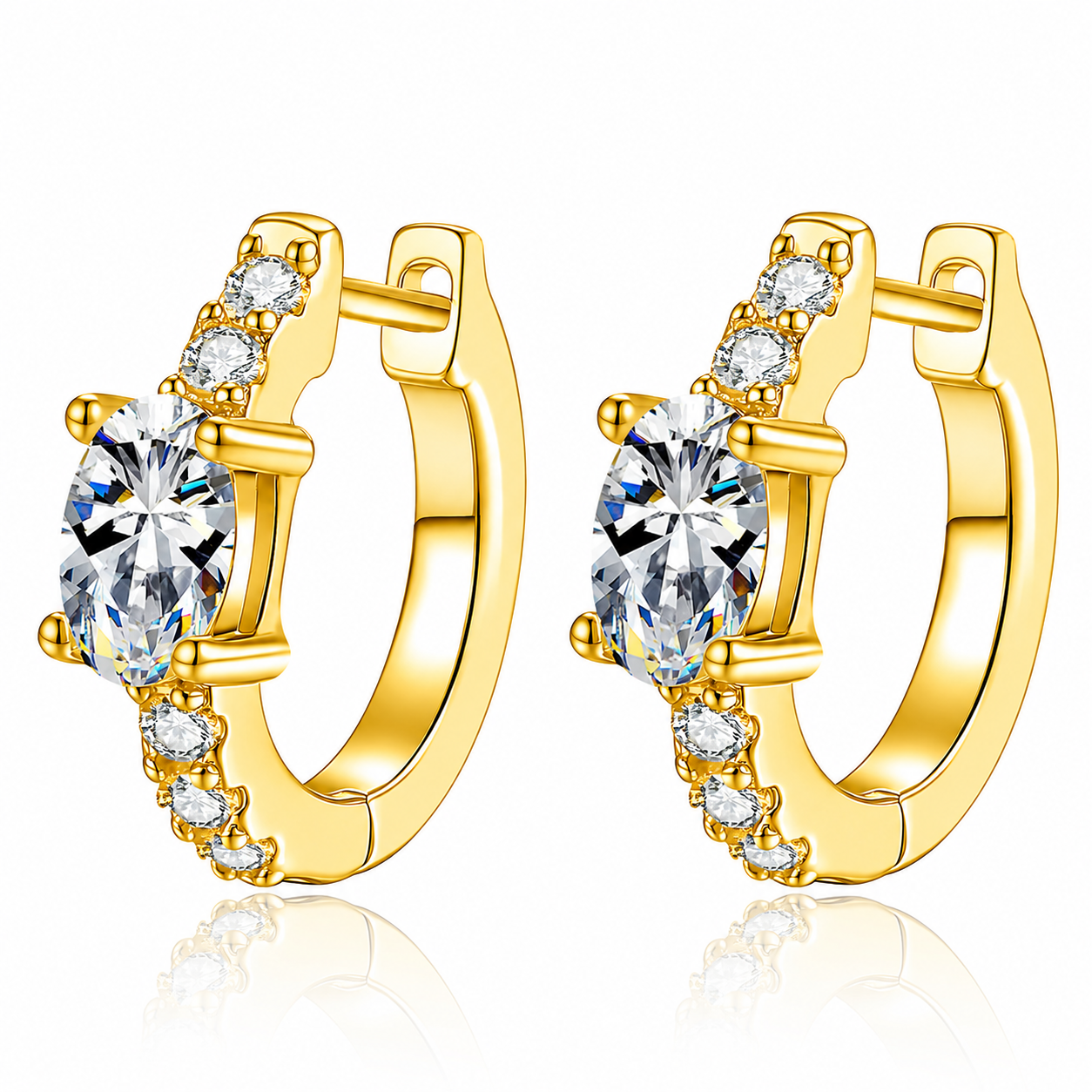 Round Moissanite Huggie Hoop Earrings with CZ in Yellow Gold-Plated S925 Sterling Silver on clean white background showing a white gold huggie hoop with a round moissanite front and CZ accents