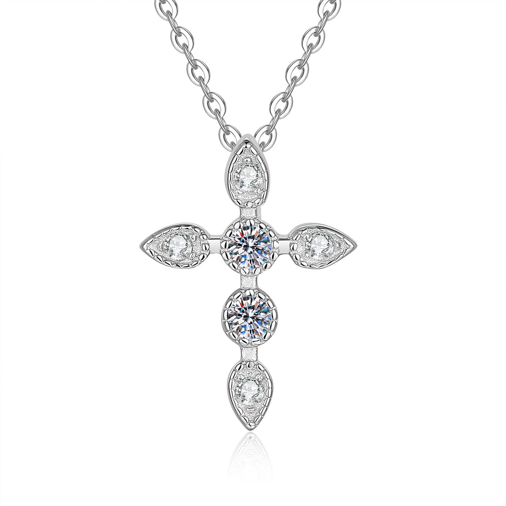 S925 sterling silver moissanite cross necklace in platinum plating on white background