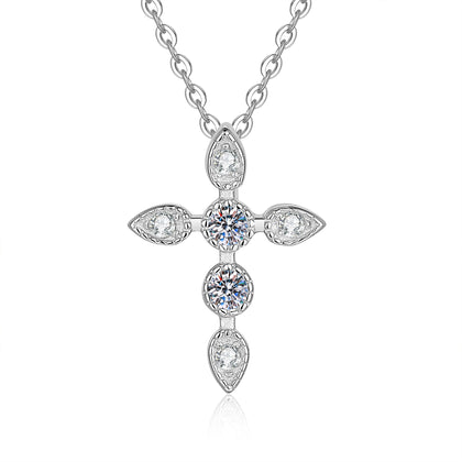 S925 sterling silver moissanite cross necklace in platinum plating on white background