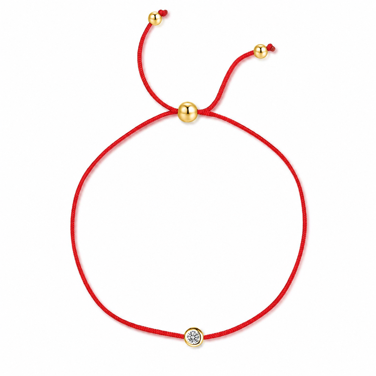 Red string bracelet with yellow gold beads on a white background