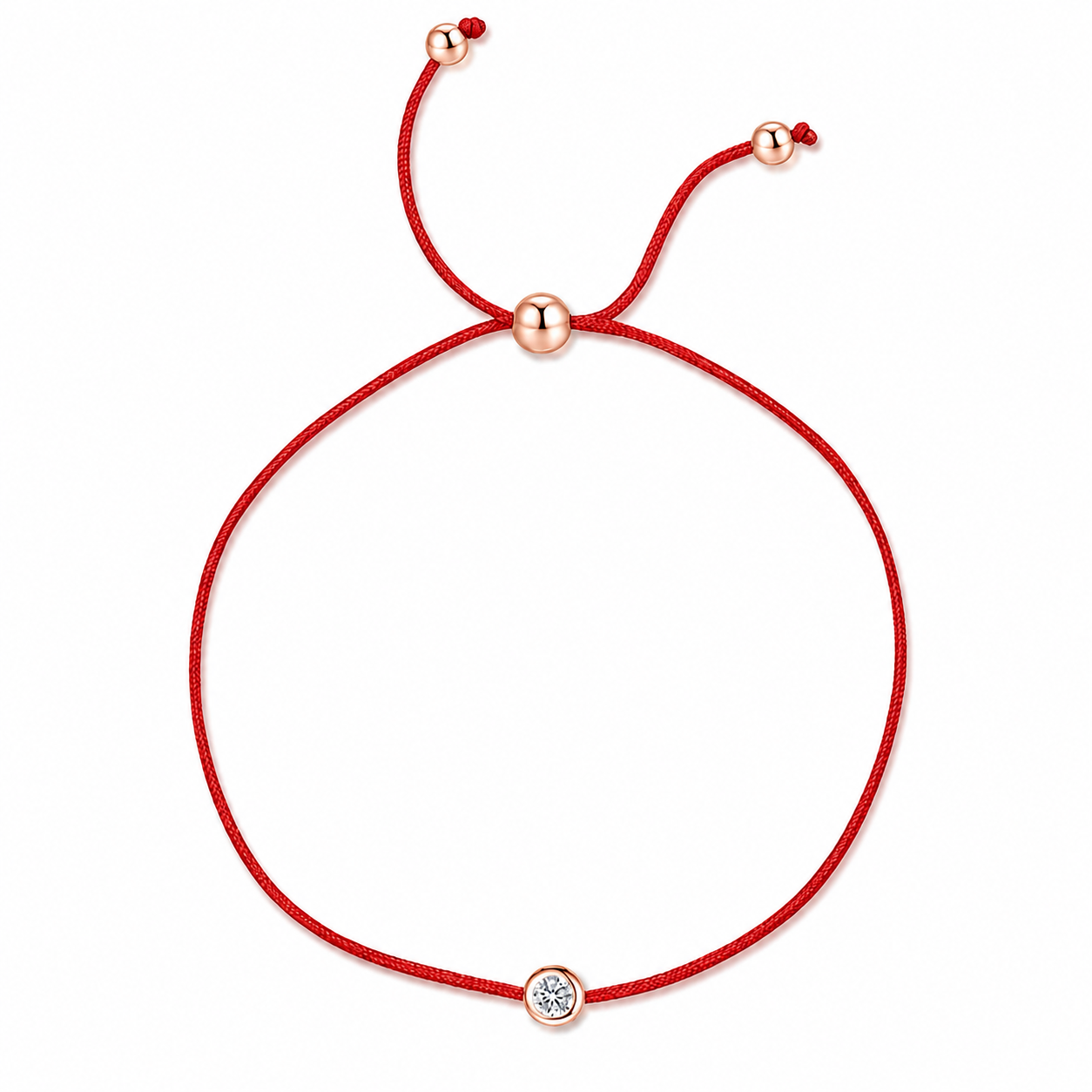 Red string bracelet with rose gold beads on a white background