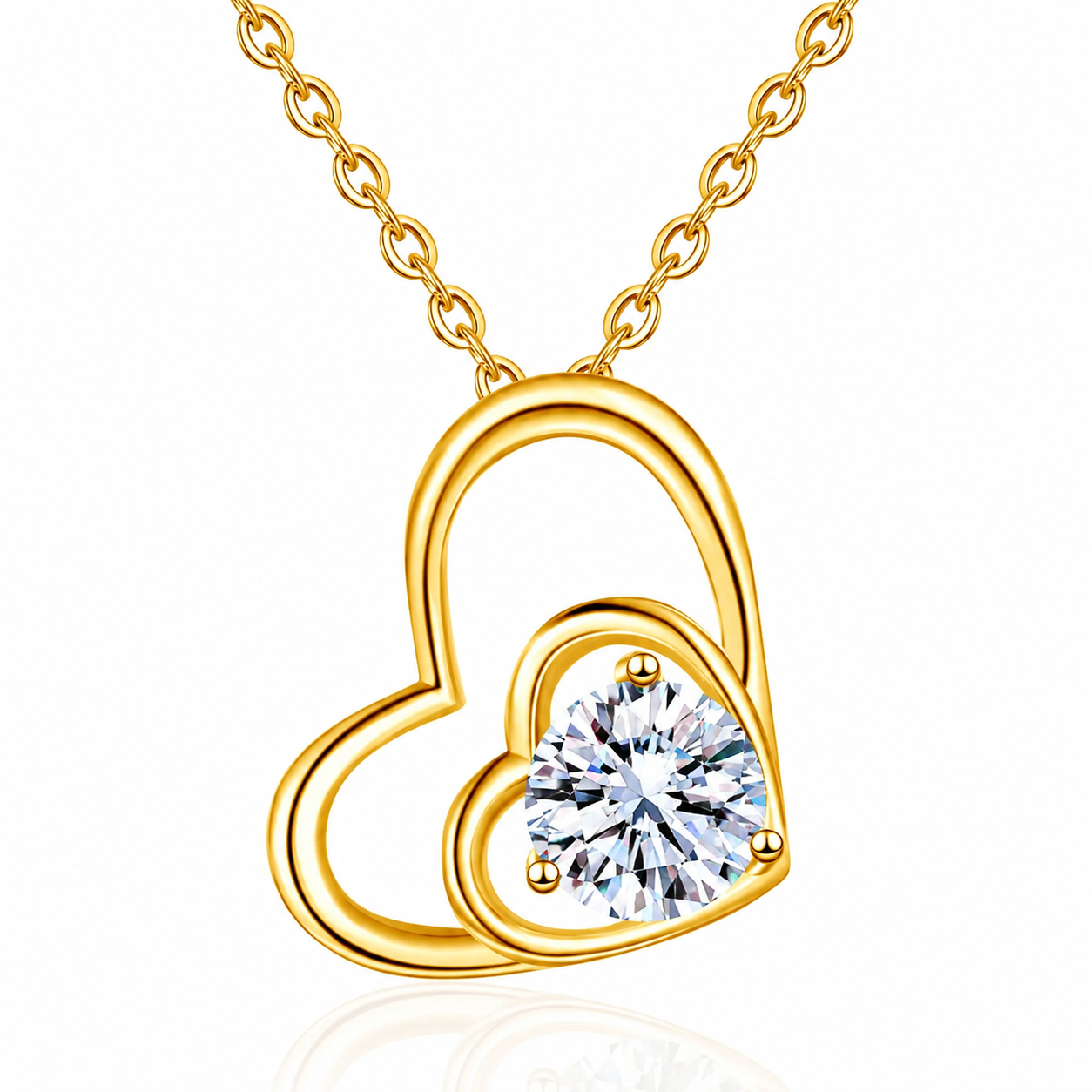 Double Heart Moissanite Pendant Necklace with Cubic Zirconia in Yellow Gold-Plated S925 Sterling Silver on clean white background showing the double heart pendant with a round moissanite center and cubic zirconia accents