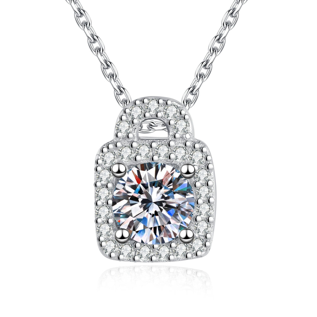 Platinum-plated S925 sterling silver round moissanite lock pendant necklace on white background