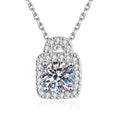 Platinum-plated S925 sterling silver round moissanite lock pendant necklace on white background