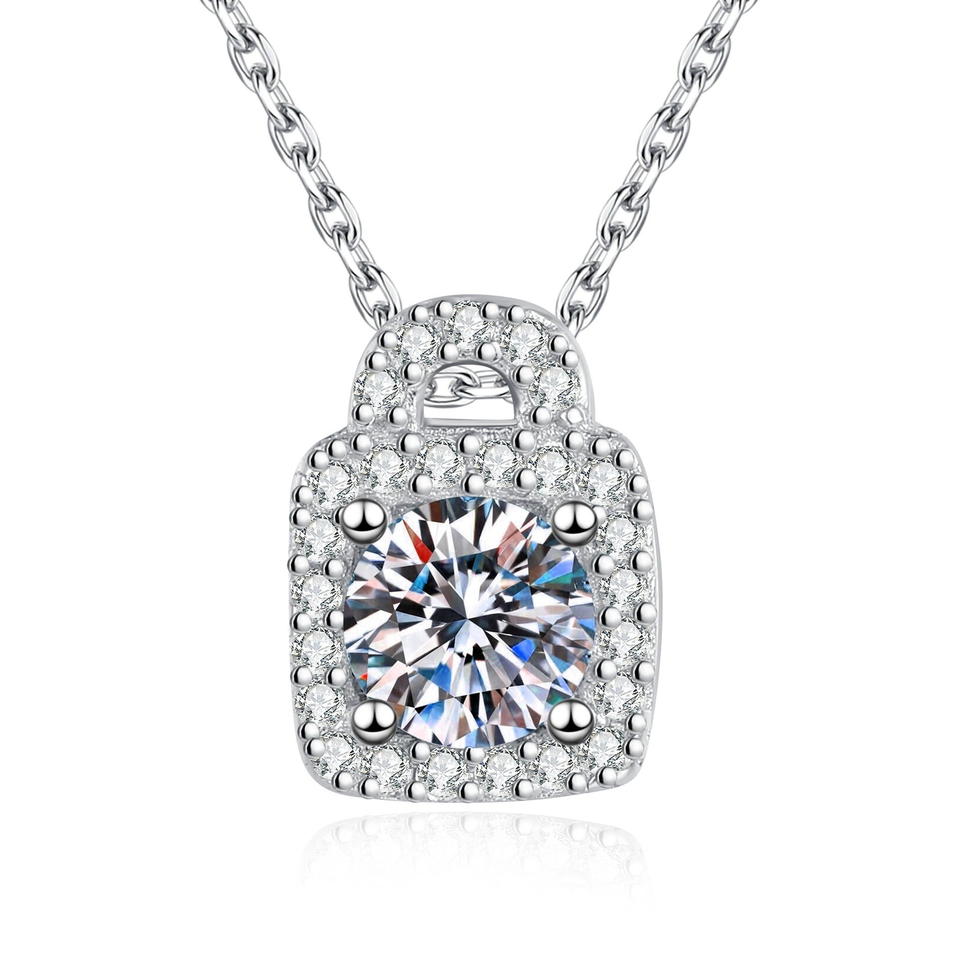 Platinum-plated S925 sterling silver round moissanite lock pendant necklace on white background