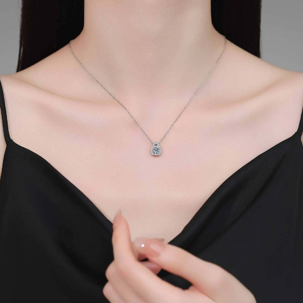 Model wearing a platinum-plated S925 sterling silver moissanite lock pendant necklace