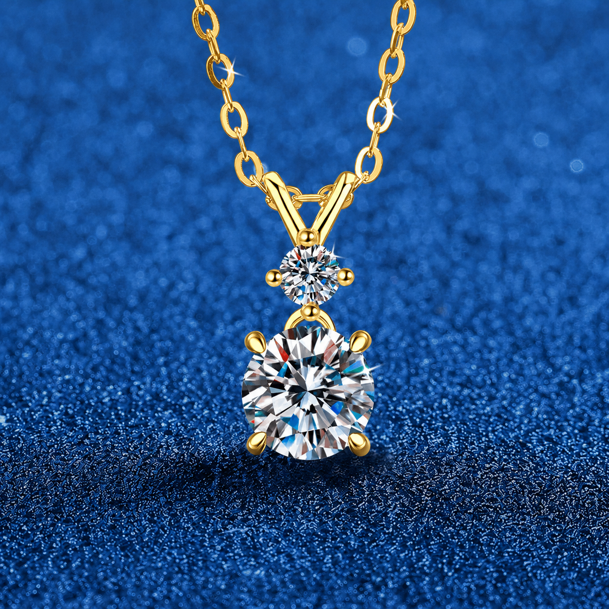 Two-Stone Moissanite Pendant Necklace in S925 Sterling Silver blue background angled view