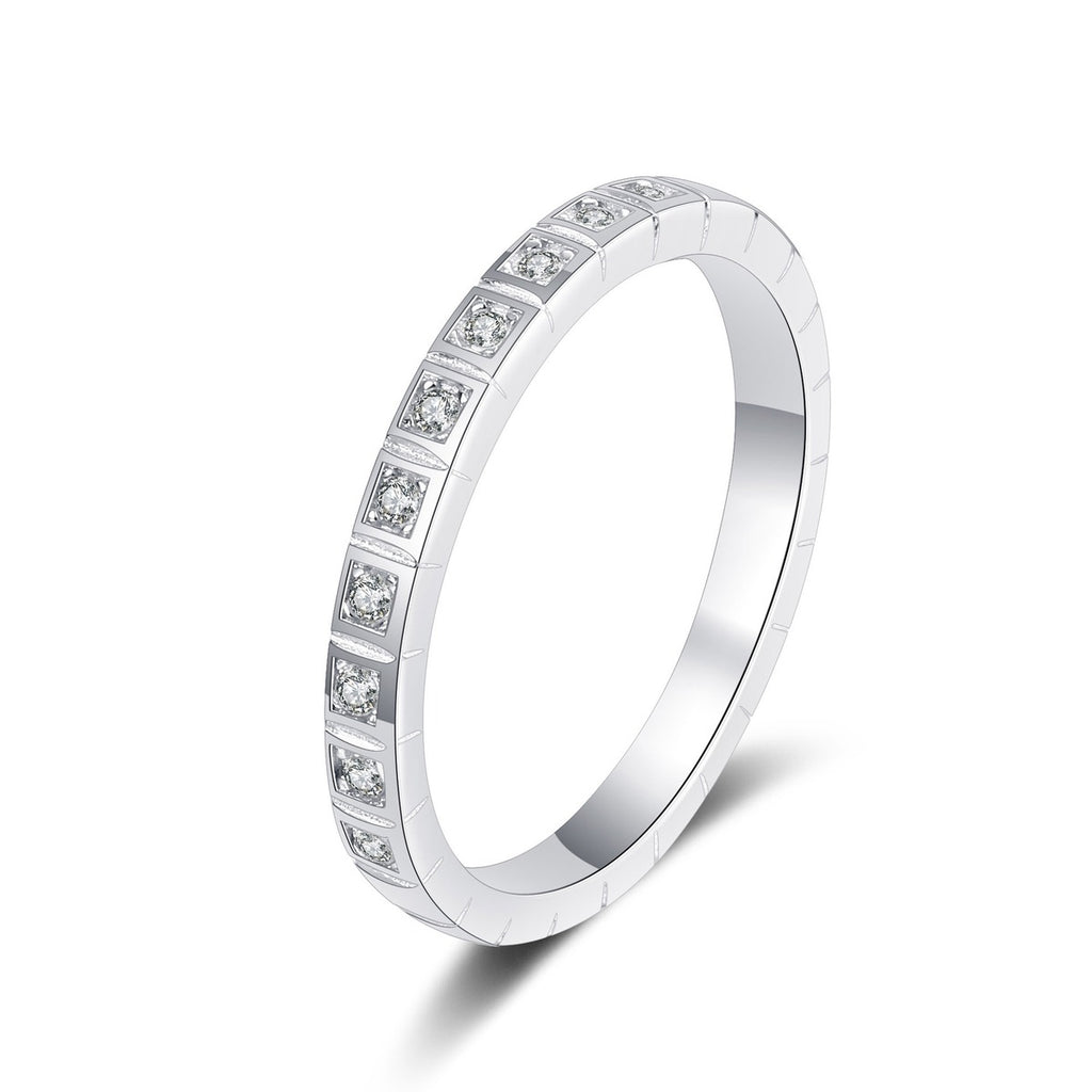 Round Moissanite Eternity Band Ring in rhodium-plated S925 sterling silver on clean white background