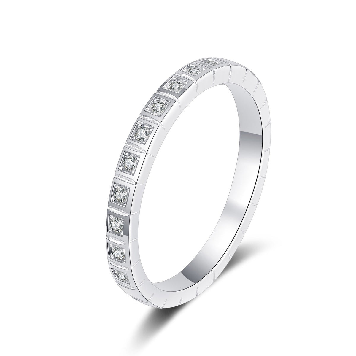 Round Moissanite Eternity Band Ring in rhodium-plated S925 sterling silver on clean white background