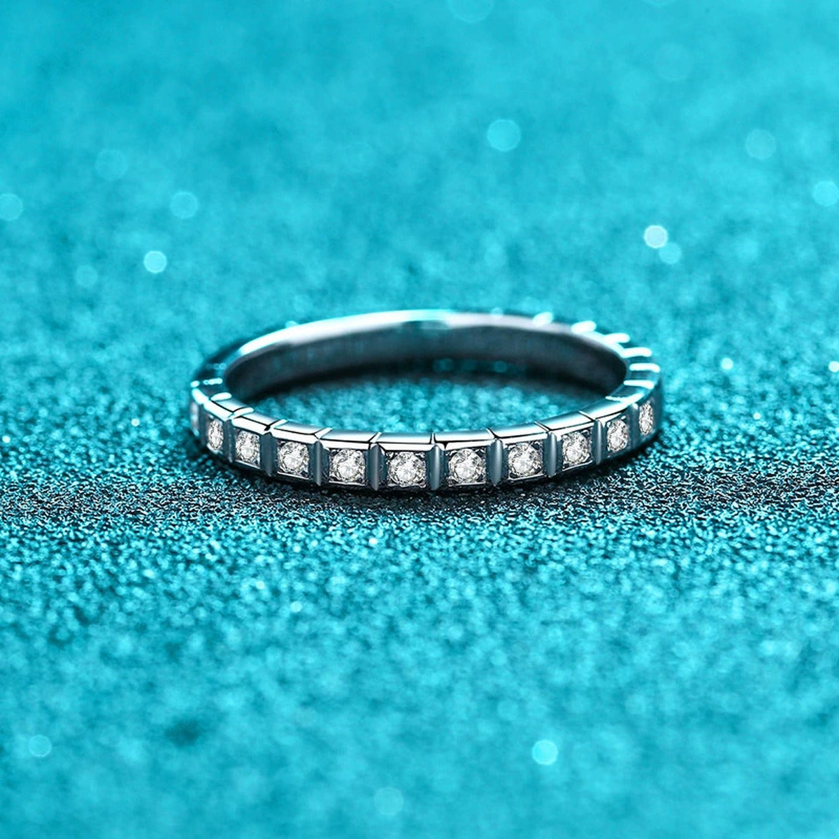 Round Moissanite Eternity Band Ring product view showing moissanite setting and metal finish