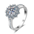 Round Moissanite Halo Engagement Ring with CZ in rhodium-plated S925 sterling silver on clean white background
