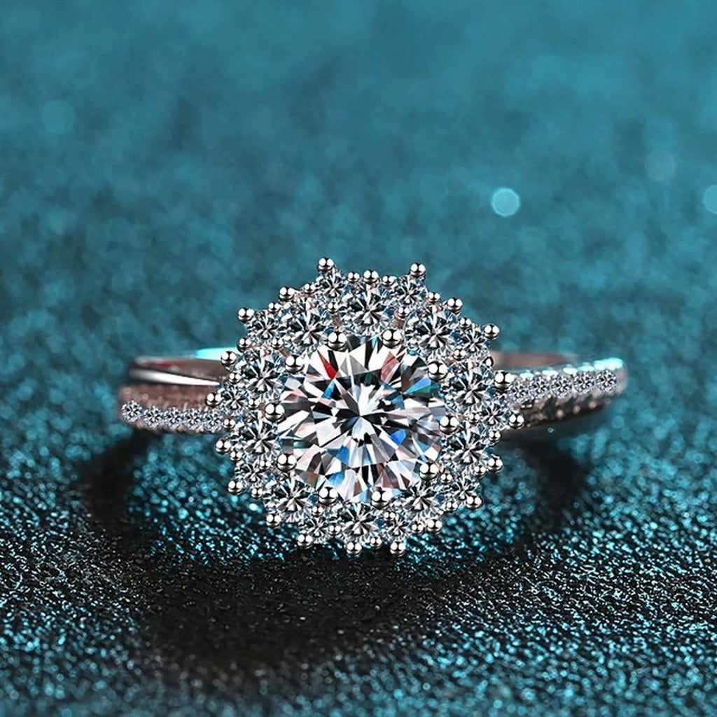 Round Moissanite Halo Engagement Ring with CZ product view showing moissanite setting and metal finish