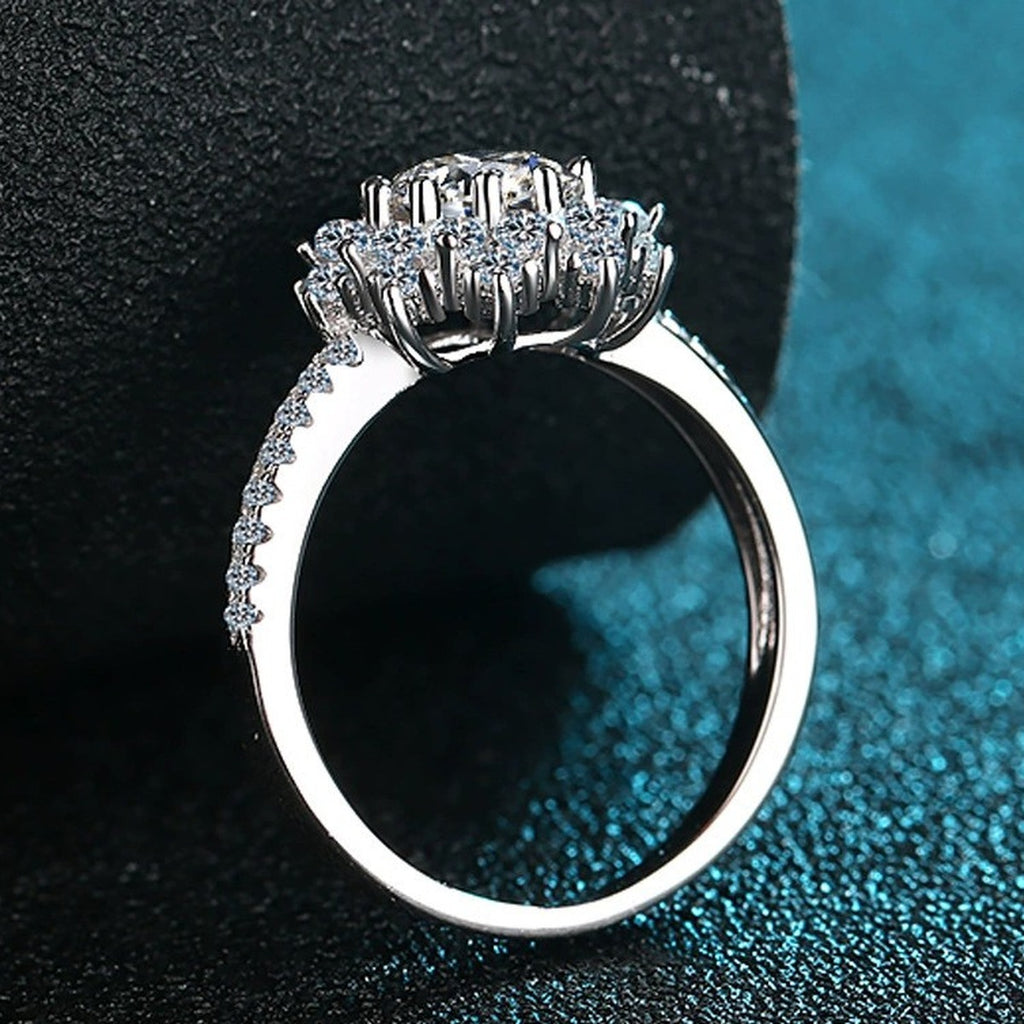 Round Moissanite Halo Engagement Ring with CZ product view showing moissanite setting and metal finish
