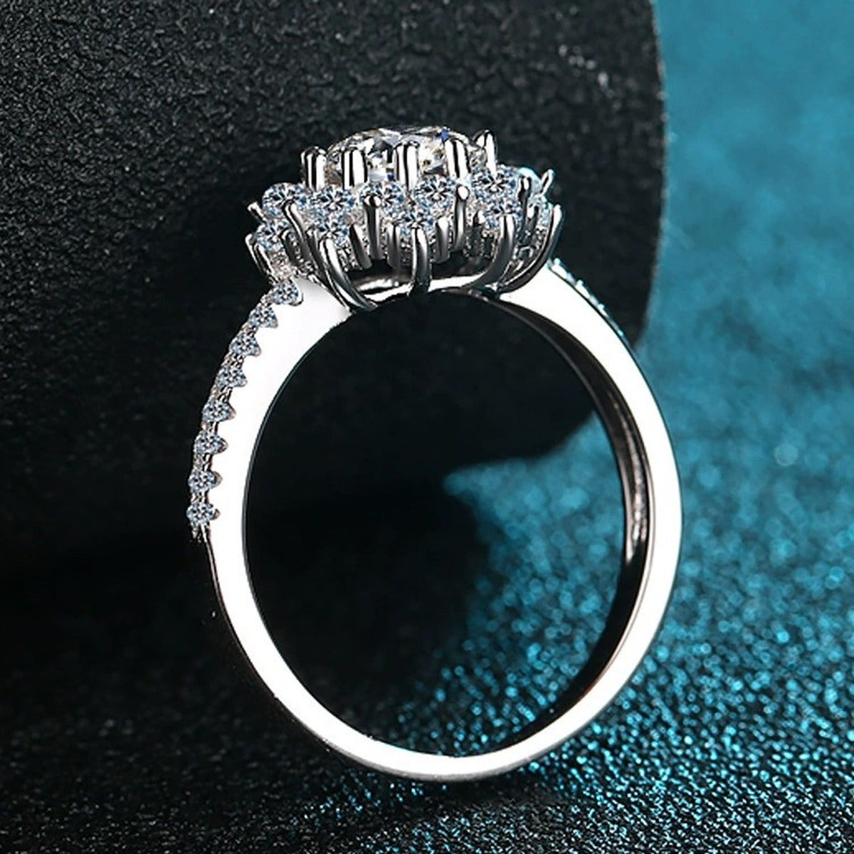 Round Moissanite Halo Engagement Ring with CZ product view showing moissanite setting and metal finish