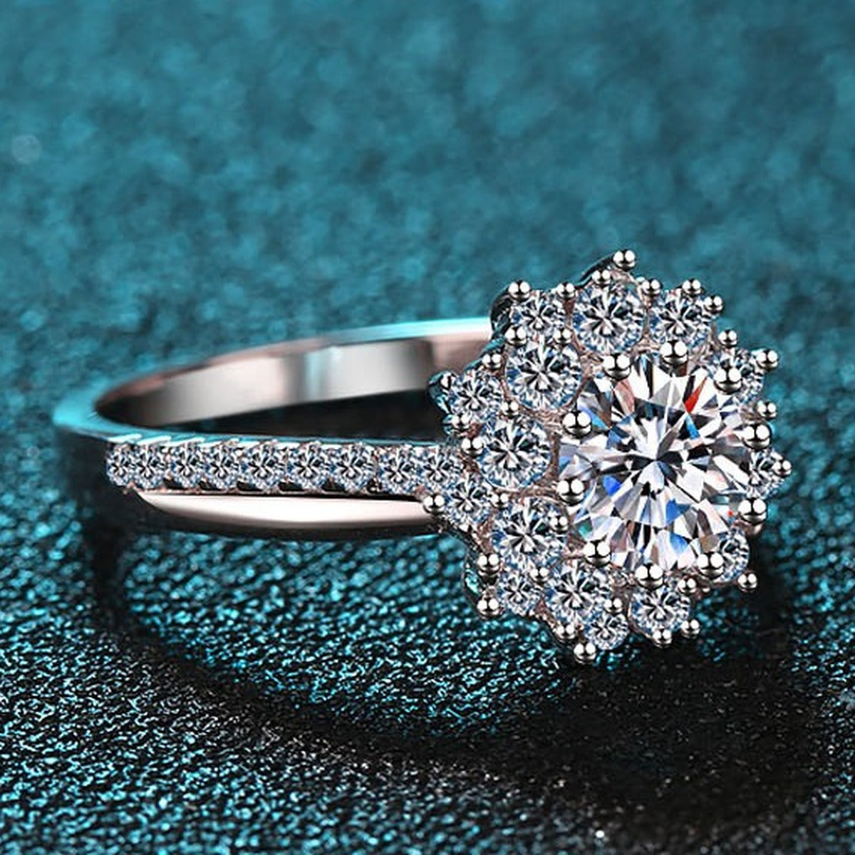 Round Moissanite Halo Engagement Ring with CZ product view showing moissanite setting and metal finish
