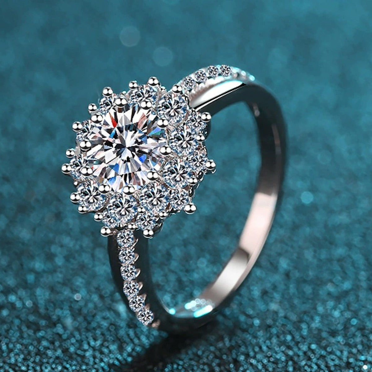 Round Moissanite Halo Engagement Ring with CZ product view showing moissanite setting and metal finish