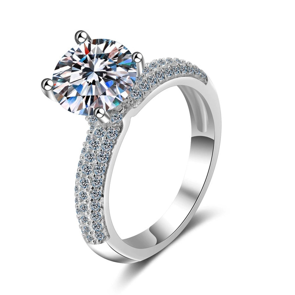Round Moissanite Side Stone Engagement Ring with CZ in rhodium-plated S925 sterling silver on clean white background