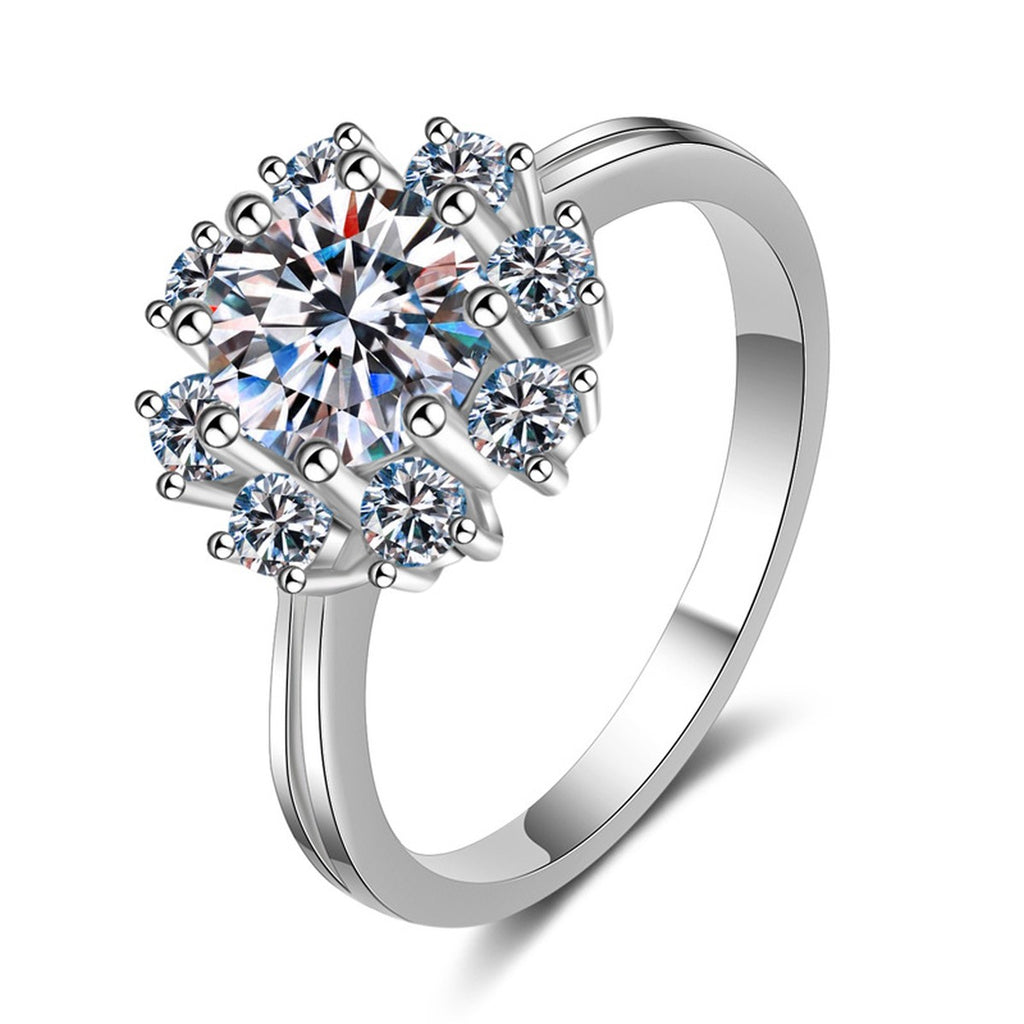 Round Moissanite Side Stone Engagement Ring with CZ in rhodium-plated S925 sterling silver on clean white background