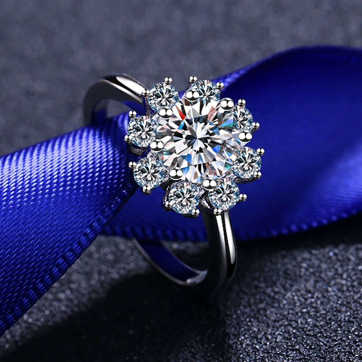 Round Moissanite Side Stone Engagement Ring with CZ product view showing moissanite setting and metal finish