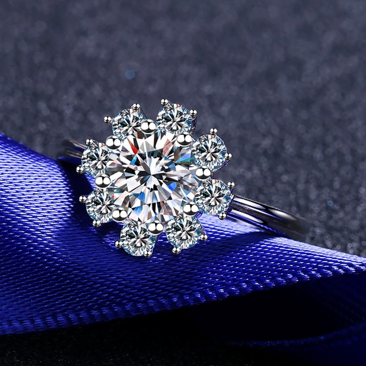 Round Moissanite Side Stone Engagement Ring with CZ product view showing moissanite setting and metal finish