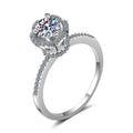 Round Moissanite Side Stone Ring with CZ in rhodium-plated S925 sterling silver on clean white background