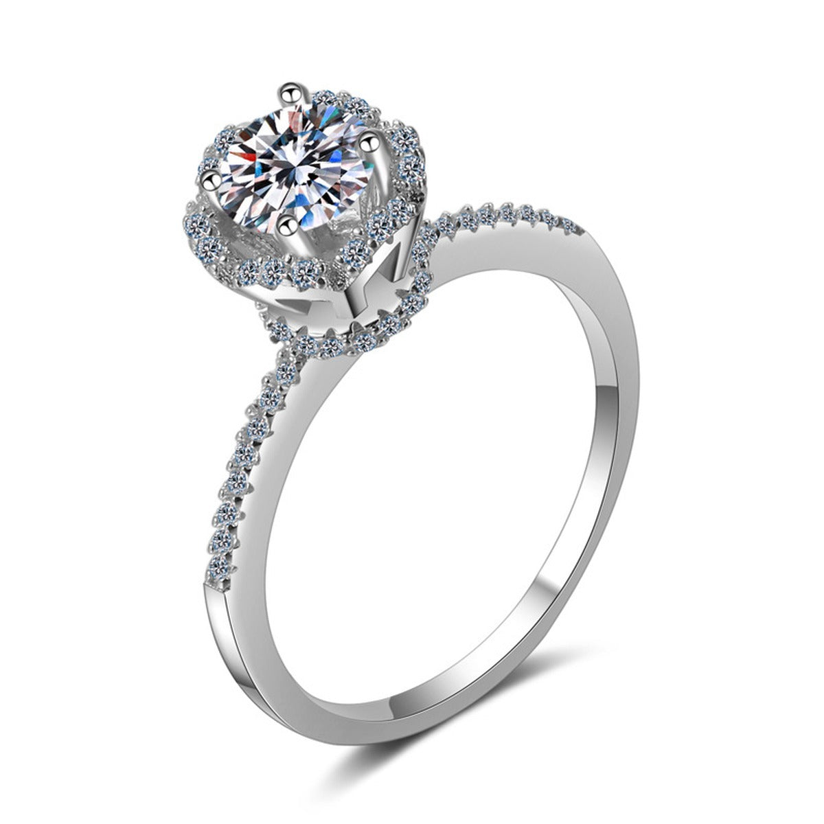 Round Moissanite Side Stone Ring with CZ in rhodium-plated S925 sterling silver on clean white background