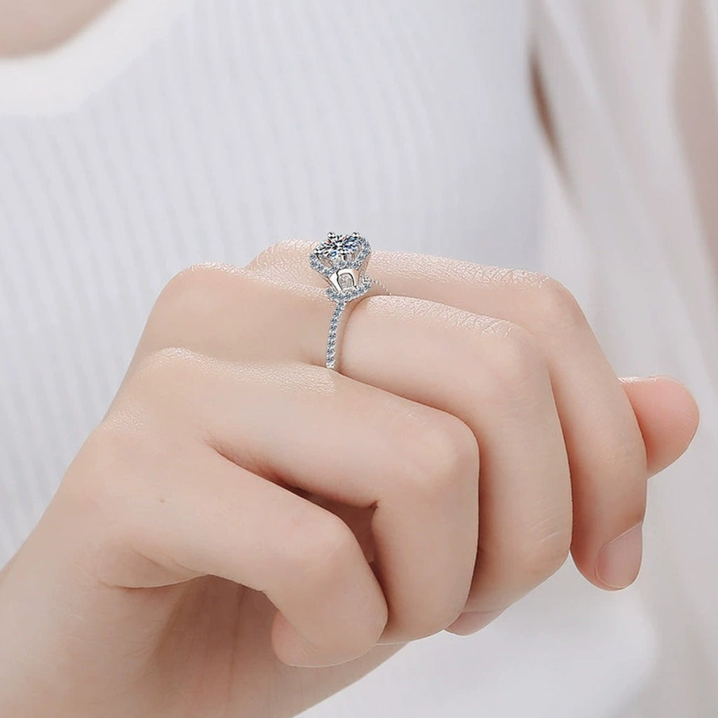 Round Moissanite Side Stone Ring with CZ worn on hand to show scale, band width, and ring profile