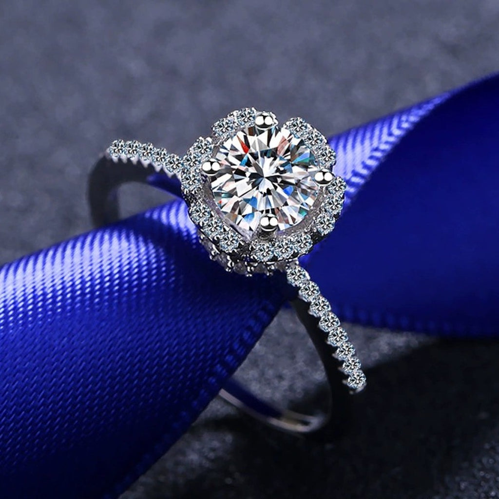 Round Moissanite Side Stone Ring with CZ product view showing moissanite setting and metal finish