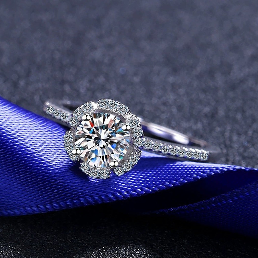 Round Moissanite Side Stone Ring with CZ product view showing moissanite setting and metal finish