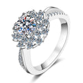Floral Halo Moissanite Engagement Ring with CZ in rhodium-plated S925 sterling silver on clean white background
