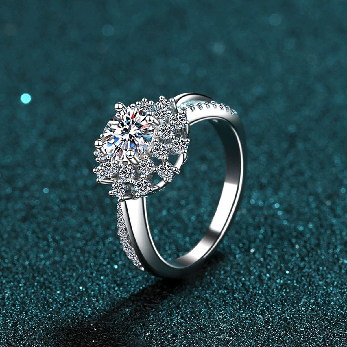 Floral Halo Moissanite Engagement Ring with CZ product view showing moissanite setting and metal finish