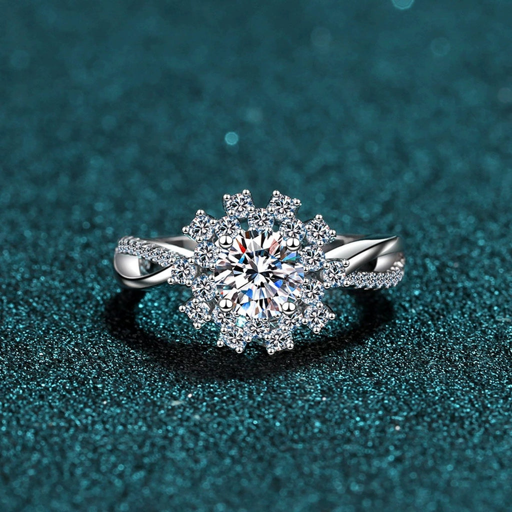Floral Halo Moissanite Engagement Ring with CZ product view showing moissanite setting and metal finish