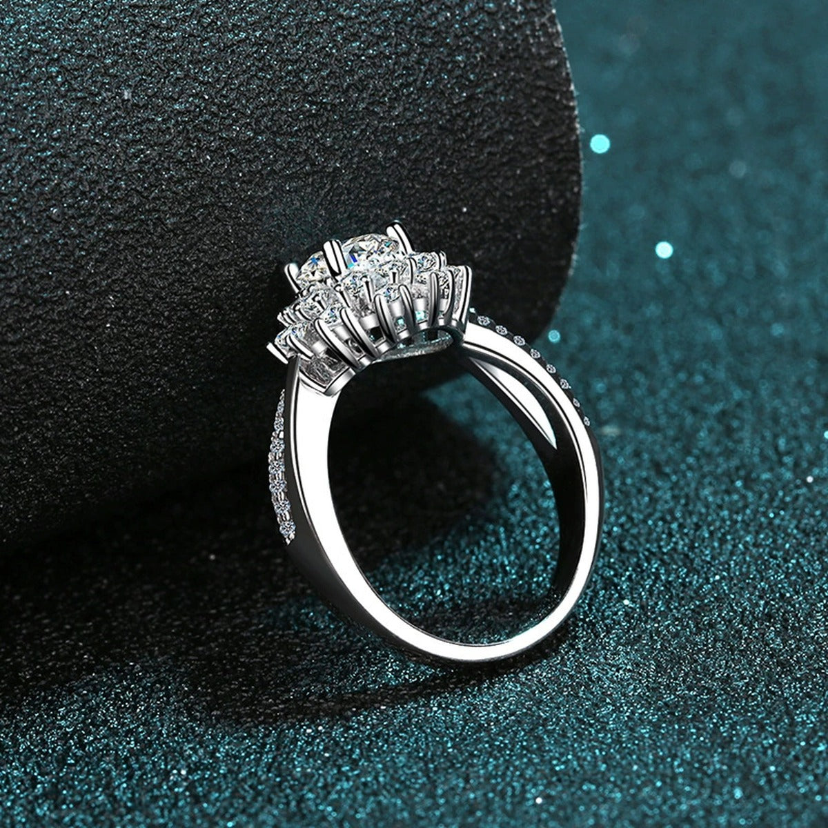 Floral Halo Moissanite Engagement Ring with CZ product view showing moissanite setting and metal finish