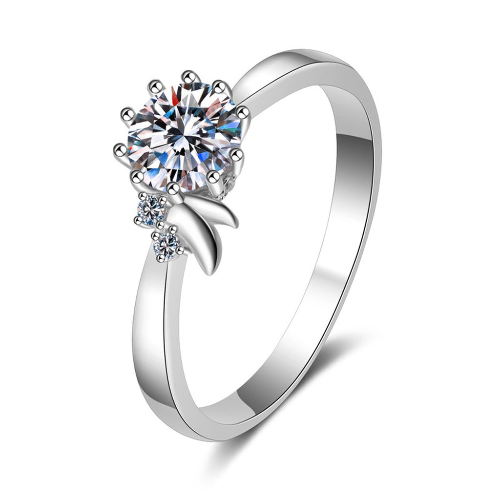 Round Moissanite Side Stone Ring with CZ in rhodium-plated S925 sterling silver on clean white background