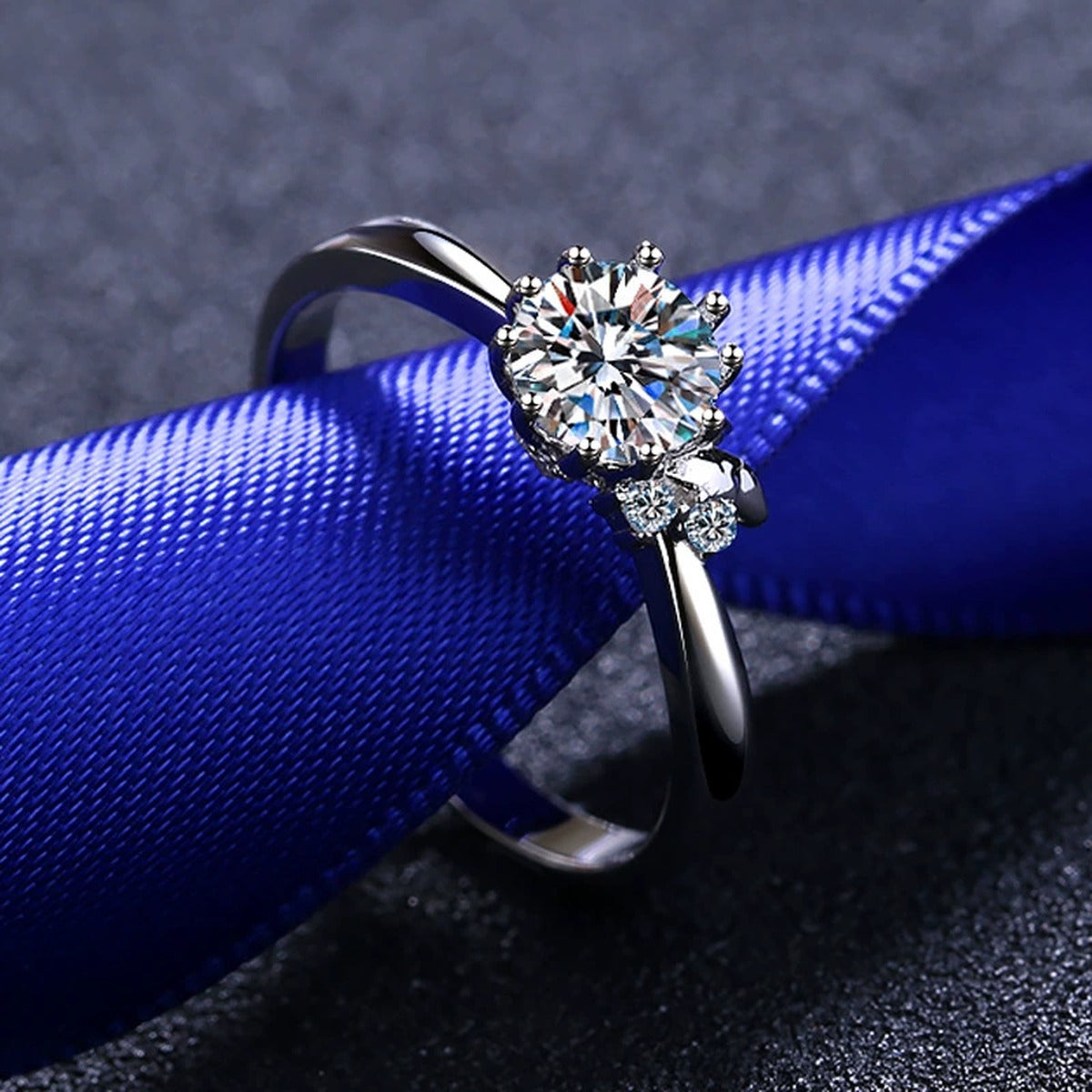 Round Moissanite Side Stone Ring with CZ product view showing moissanite setting and metal finish