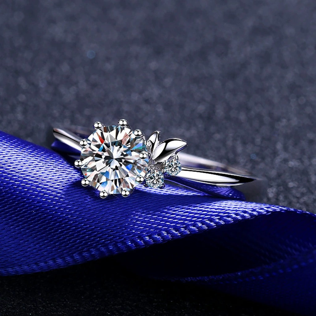 Round Moissanite Side Stone Ring with CZ product view showing moissanite setting and metal finish