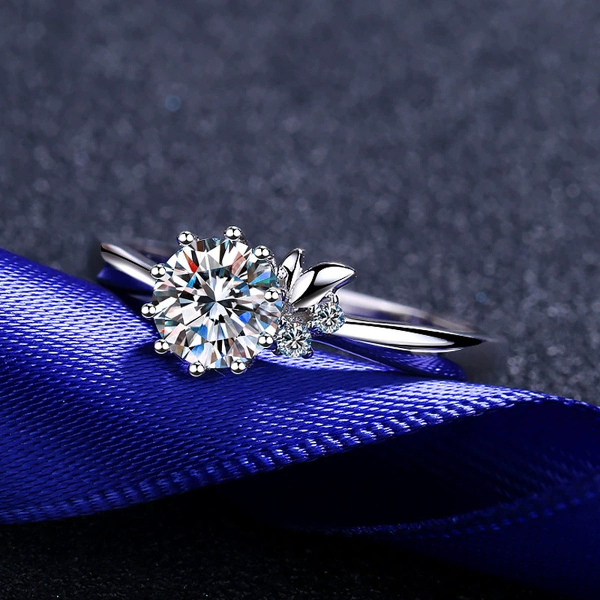 Round Moissanite Side Stone Ring with CZ product view showing moissanite setting and metal finish