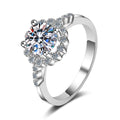 Round Moissanite Floral Engagement Ring with CZ in rhodium-plated S925 sterling silver on clean white background