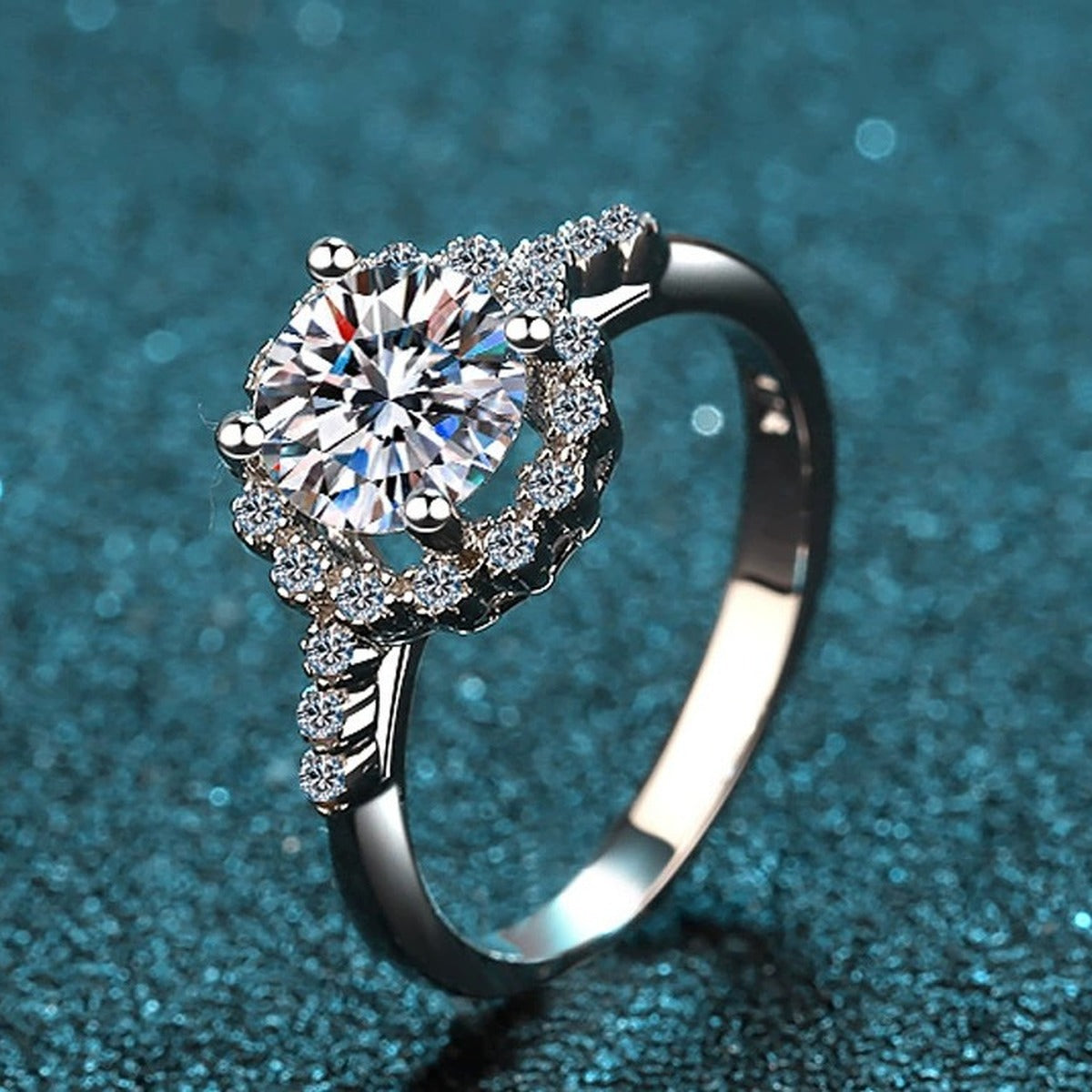 Round Moissanite Floral Engagement Ring with CZ product view showing moissanite setting and metal finish