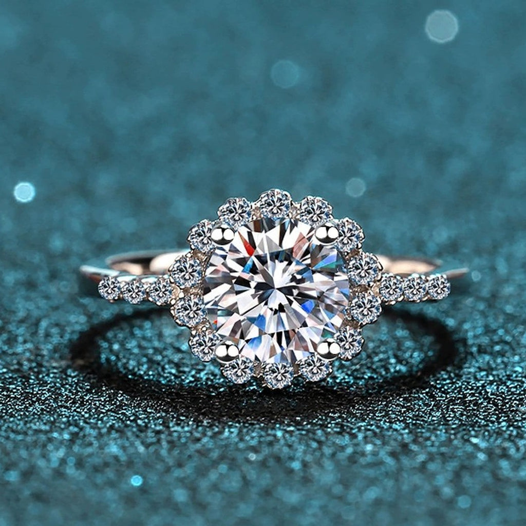 Round Moissanite Floral Engagement Ring with CZ product view showing moissanite setting and metal finish