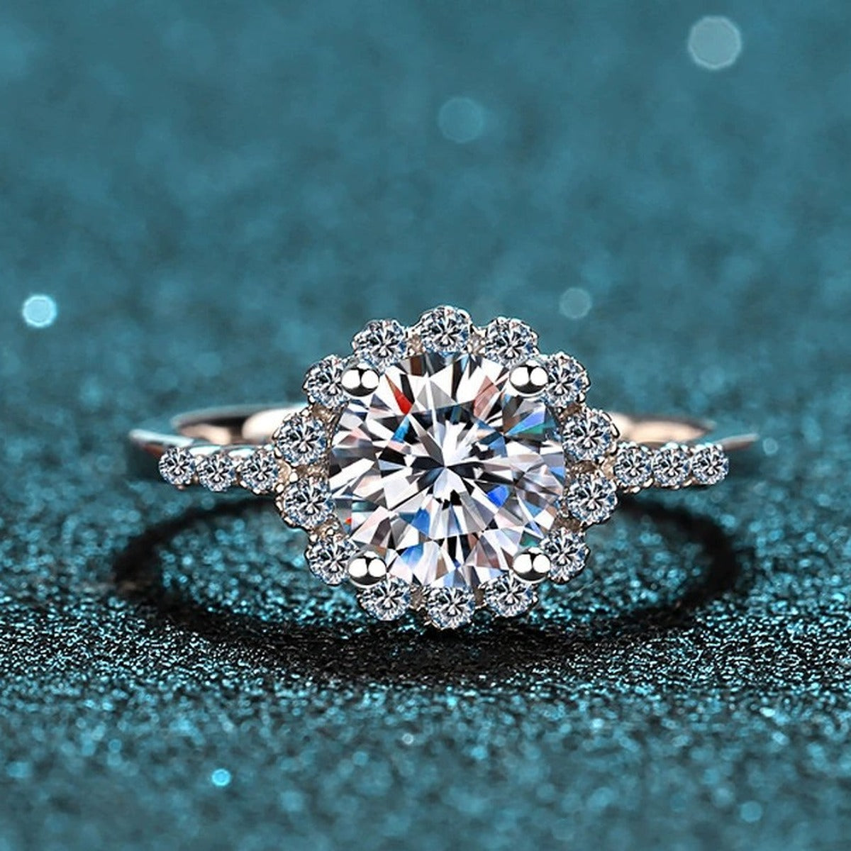 Round Moissanite Floral Engagement Ring with CZ product view showing moissanite setting and metal finish