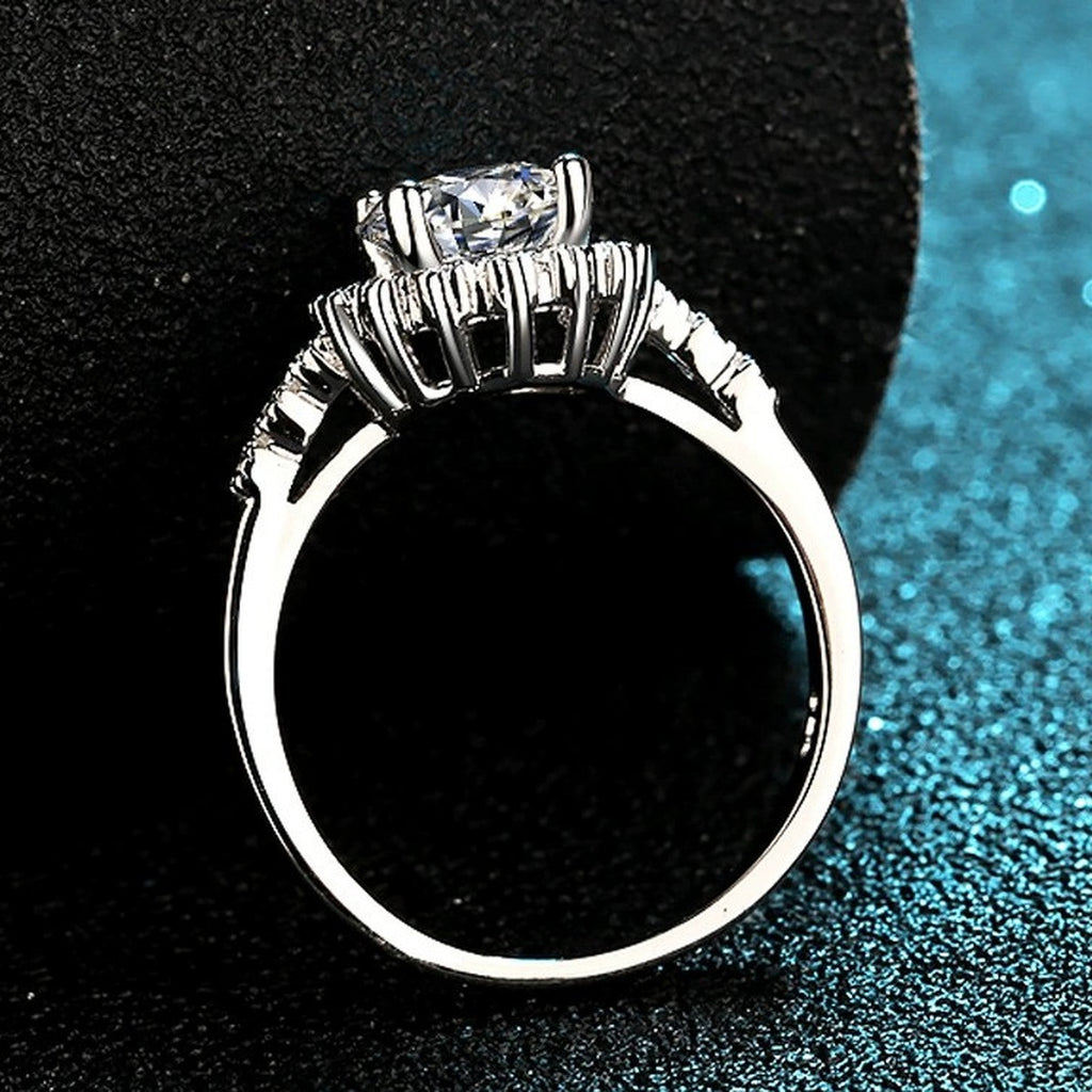 Round Moissanite Floral Engagement Ring with CZ product view showing moissanite setting and metal finish