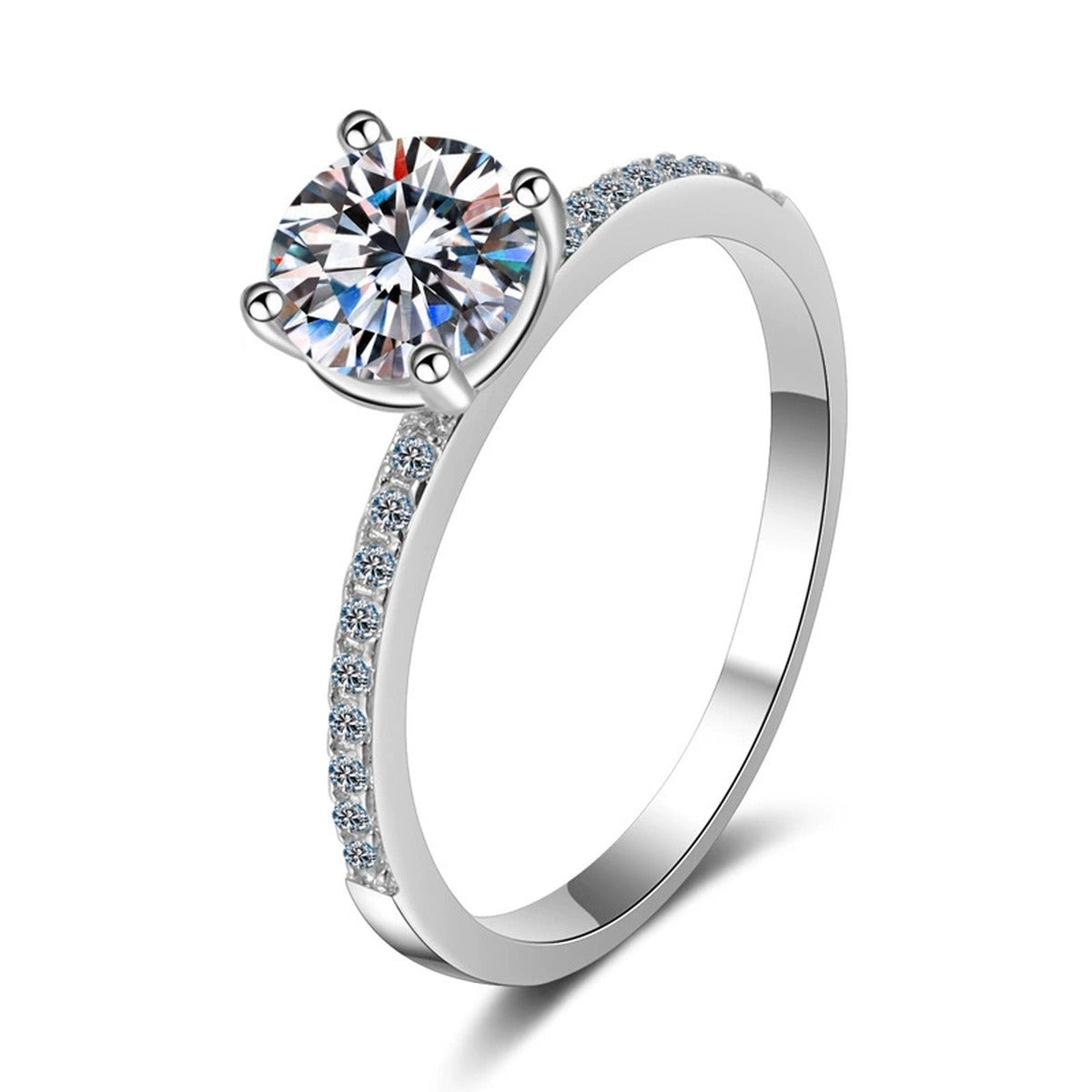 Round Moissanite Side Stone Ring with CZ in rhodium-plated S925 sterling silver on clean white background