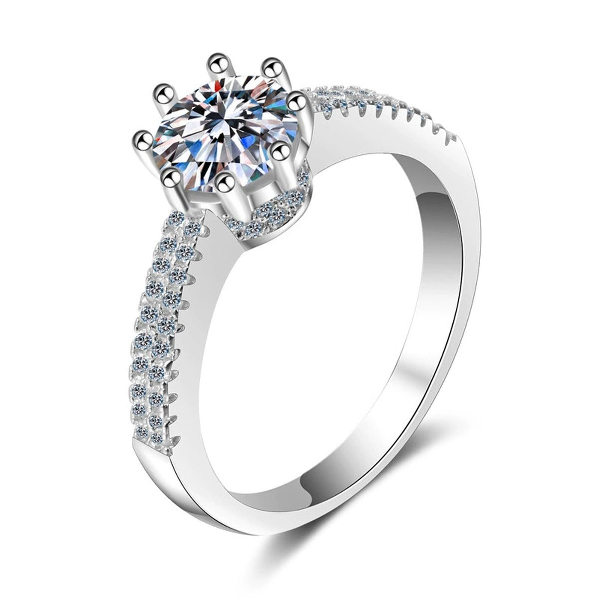 Round Moissanite Pavé Engagement Ring with CZ in rhodium-plated S925 sterling silver on clean white background
