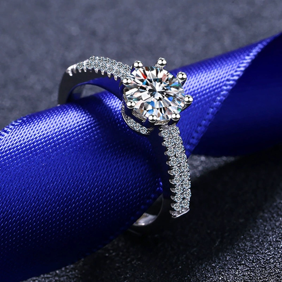 Round Moissanite Pavé Engagement Ring with CZ product view showing moissanite setting and metal finish