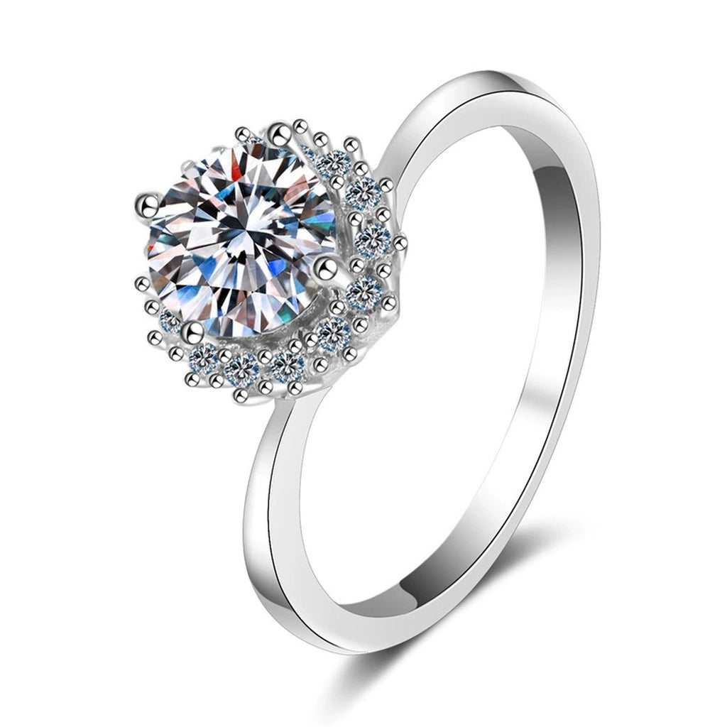 Round Moissanite Halo Engagement Ring with CZ in rhodium-plated S925 sterling silver on clean white background