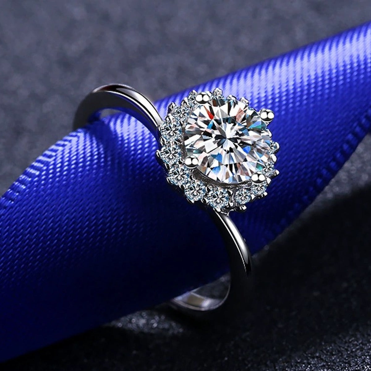 Round Moissanite Halo Engagement Ring with CZ product view showing moissanite setting and metal finish
